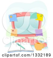Clipart Of A Pink Desktop Computer Covered With Sticky Notes With An Open Book And Coffee Cup Royalty Free Vector Illustration