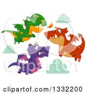 Clipart Of Green Purple And Red Dragons Flying Royalty Free Vector Illustration