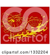 Poster, Art Print Of Golden Swimming Chinese Dragon With Flames On Red
