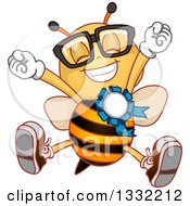 Cartoon Champion Bee Jumping And Wearing A Placement Ribbon