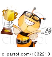 Poster, Art Print Of Happy Bee Cheering And Holding Up A Trophy