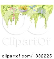 Poster, Art Print Of Hanging Potted Plants With Flowers And Tree Foliage Over White Text Space