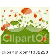 Poster, Art Print Of Background Of Orange Flowers Mushrooms And Green Leaves On A Hill