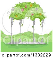 Garden Gazebo With Flowers And Vines Growing On The Roof