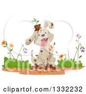 Poster, Art Print Of Happy Dirty Puppy Dog Ruining And Playing In A Flower Garden