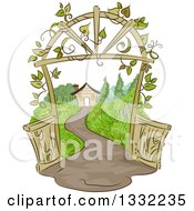 Poster, Art Print Of Sketched Pathway Leading To A House With A Vine Covered Arch