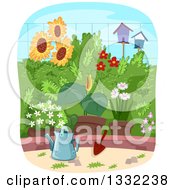 Watering Can By Potted Plants And A Garden With Flowers And Bird Houses