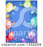 Poster, Art Print Of Border Of Colorful Fish Waving And Bubbles Over Blue
