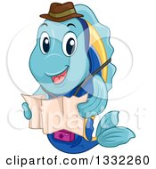 Poster, Art Print Of Cartoon Happy Marine Fish Traveler Holding A Map