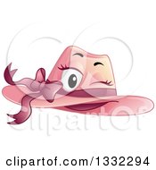 Clipart Of A Cartoon Pink Female Hat Character Winking Royalty Free Vector Illustration