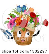 Cartoon Basket Mascot Arranging Flowers
