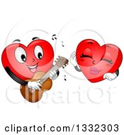 Poster, Art Print Of Cartoon Red Love Heart Mascot Playing A Guitar And Romancing A Female