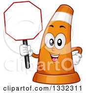 Cartoon Traffic Cone Character Holding A Blank Stop Sign