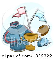 Clipart Of Sports Memorabilia A Jacket Trophy Hat American Football And Flags Royalty Free Vector Illustration by BNP Design Studio