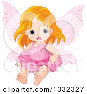 Poster, Art Print Of Cute Strawberry Blond Caucasian Baby Girl Fairy In Pink Holding A Magic Wand And Hat