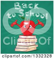 Poster, Art Print Of Welcoming Red Apple Character On A Stack Of Books Against Back To School Chalk Text Over Rays On Green