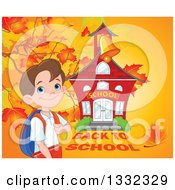 Happy Caucasian Boy Grasping His Backpack Strap By A School House Against A Fall Background