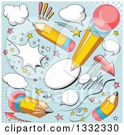 Poster, Art Print Of Comic Yellow Pencil And Balloon Designs On Blue