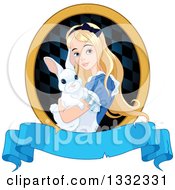 Alice In Wonderland Holding A Cute White Rabbit In A Frame Over A Blank Banner
