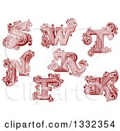 Clipart Of Retro Red Capital Letters S W T N R F And K With Flourishes Royalty Free Vector Illustration