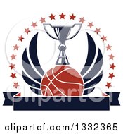 Poster, Art Print Of Winged Basketball Under A Trophy With A Circle Of Stars Over A Blank Banner