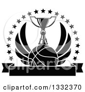 Poster, Art Print Of Black And White Winged Basketball Under A Trophy Inside A Circle Of Stars Over A Blank Banner