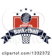 Poster, Art Print Of Basketball And Stars Over A Hoop And Navy Blue Text Banner
