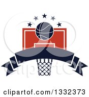 Poster, Art Print Of Basketball And Stars Over A Hoop And Blank Navy Blue Banner