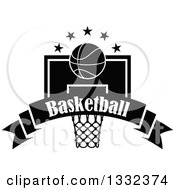 Poster, Art Print Of Black And White Basketball And Stars Over A Hoop And Text Banner
