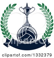 Clipart Of A Trophy On A Navy Blue Volleyball In A Lurel Wreath With A Blank Banner Royalty Free Vector Illustration