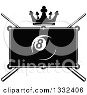 Poster, Art Print Of Black And White Billiards Pool Eight Ball Over A Table Crown And Crossed Cue Sticks
