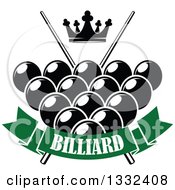 Poster, Art Print Of Crown Over Billiards Pool Balls Crossed Cue Sticks And A Green Text Banner