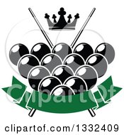 Crown Over Billiards Pool Balls Crossed Cue Sticks And A Bank Green Banner