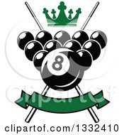 Billiards Pool Balls With A Green Crown Blank Banner And Crossed Cue Sticks