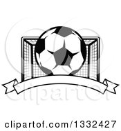 Poster, Art Print Of Black And White Soccer Ball And Goal Net Over A Blank Banner