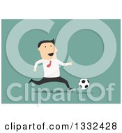 Poster, Art Print Of Flat Design White Business Man Playing Soccer On Green