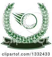 Poster, Art Print Of Flying Golf Ball In A Green Laurel Wreath Over A Blank Banner