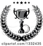 Poster, Art Print Of Black And White Golf Ball And Trophy In A Laurel Wreath With Stars
