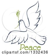 Poster, Art Print Of Sketched Flying Navy Blue Peace Dove With A Branch And Text 2