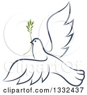 Poster, Art Print Of Sketched Flying Navy Blue Peace Dove With A Branch 2
