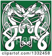 Clipart Of A White Celtic Knot Dragons On Green 4 Royalty Free Vector Illustration