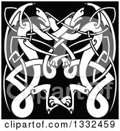 Clipart Of A White Celtic Knot Dragons On Black 5 Royalty Free Vector Illustration