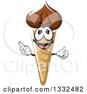 Poster, Art Print Of Cartoon Chocolate Waffle Ice Cream Cone Character Holding Up A Finger