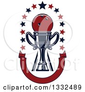 Clipart Of A Bowling Ball In A Trophy With Stars Over A U Shaped Blank Red Banner Royalty Free Vector Illustration