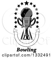 Clipart Of A Black And White Bowling Ball In A Trophy With Stars Over Text And A U Shaped Blank Banner Royalty Free Vector Illustration