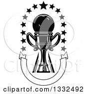 Clipart Of A Black And White Bowling Ball In A Trophy With Stars Over A U Shaped Blank Banner Royalty Free Vector Illustration