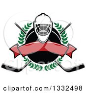 Poster, Art Print Of Hockey Mask Over A Laurel Wreath Puck Crossed Sticks And Blank Red Banner