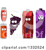 Clipart Of Happy Bunch Of Purple Grapes Character Juice Glasses And Cartons 3 Royalty Free Vector Illustration
