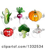 Cartoon Corn Beet Or Radish Pumpkin Garlic Broccoli And Tomato Characters