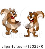 Poster, Art Print Of Cartoon Happy Brown Squirrels Holding Acorns
